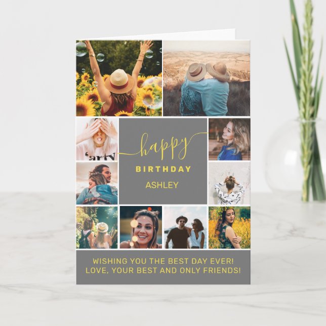 Carte Gris d'anniversaire moderne jaune 10 grille photo  (Devant)