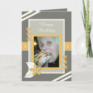 Carte Gris et orange avec fleurs et photo