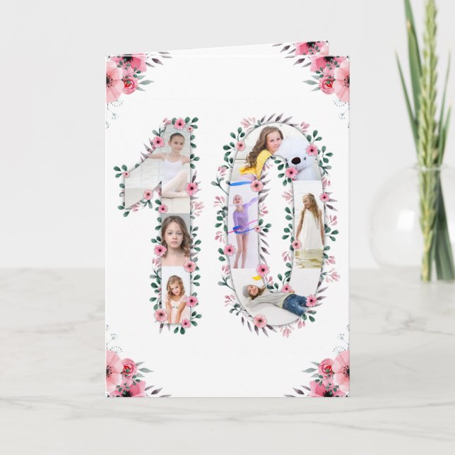 Carte Gros 10e anniversaire fille photo Collage Fleur ro (Devant)