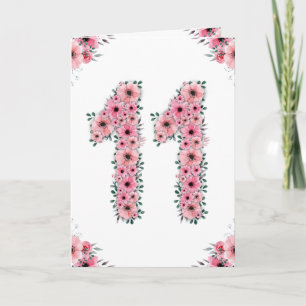 Carte Gros 11e anniversaire fille Fleurs roses Lieux ver