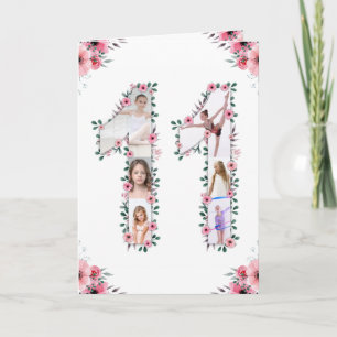 Carte Gros 11e anniversaire fille photo Collage Fleur ro