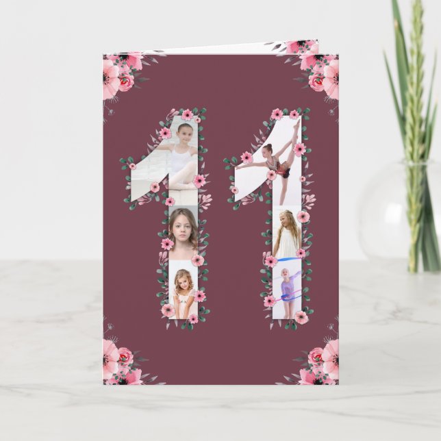 Carte Gros 11e anniversaire fille photo Collage Fleur ro (Devant)