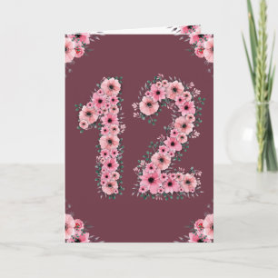 Carte Gros 12e anniversaire Fleurs roses Fleurs vertes F