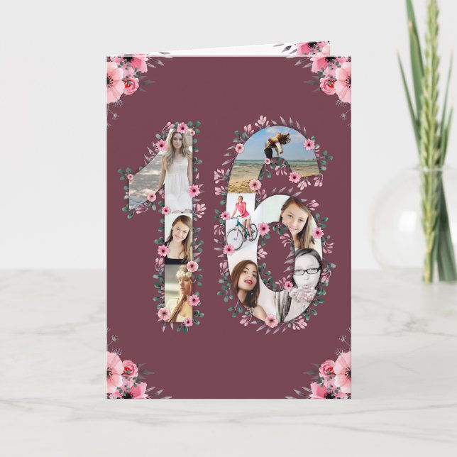 Carte Gros 16e anniversaire Photo Collage Fille Fleur ro (Devant)
