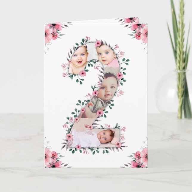 Carte Gros 2e anniversaire fille photo Collage Fleur ros (Devant)
