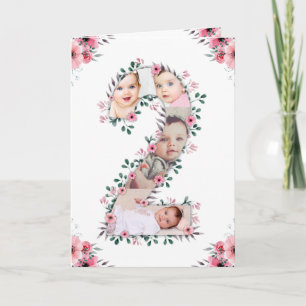 Carte Gros 2e anniversaire fille photo Collage Fleur ros