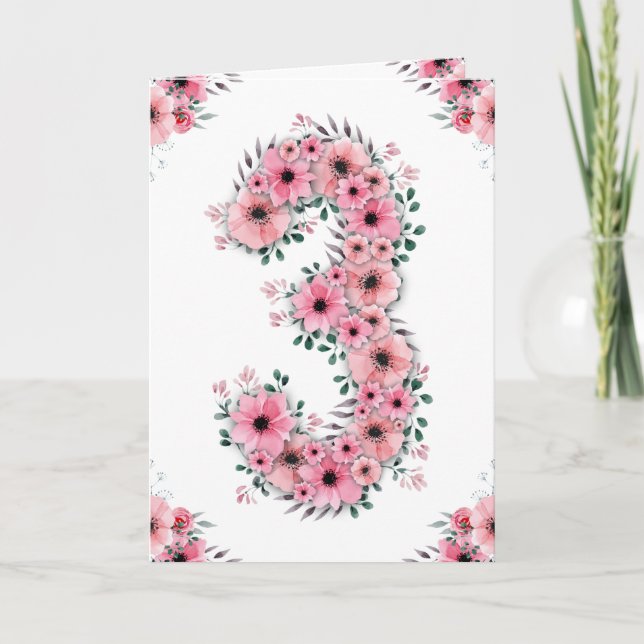 Carte Gros 3e anniversaire Fleurs roses Green Foliage Gi (Devant)