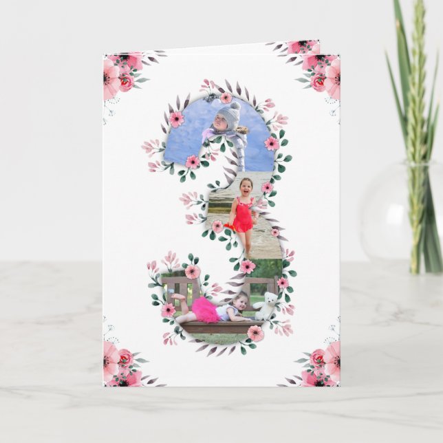 Carte Gros 3ème anniversaire fille photo Collage Fleur r (Devant)