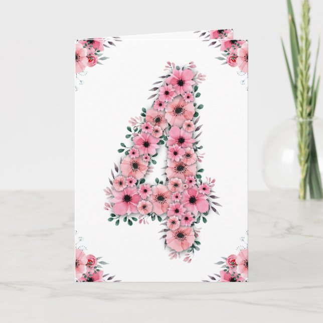 Carte Gros 4e anniversaire Fleurs roses Fleurs vertes Fi (Devant)
