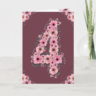 Carte Gros 4e anniversaire Fleurs roses Fleurs vertes Fi