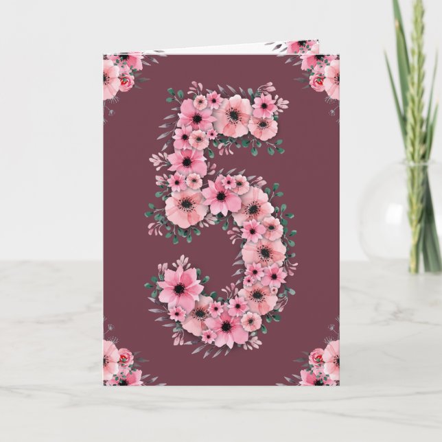 Carte Gros 5e anniversaire Fleurs roses Green Foliage Gi (Devant)
