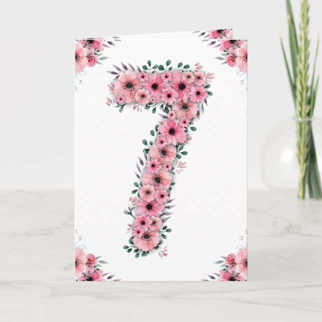 Carte Gros 7e anniversaire fille Fleurs roses Lieux vert (Devant)