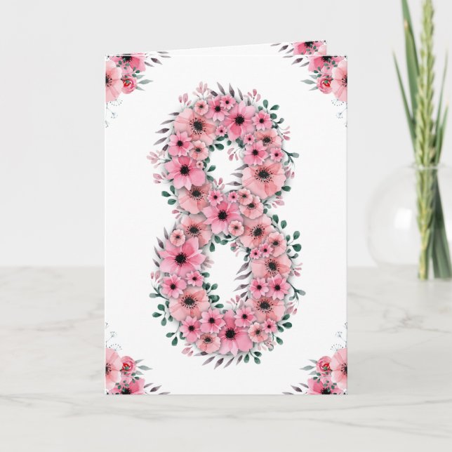 Carte Gros 8e anniversaire fille Fleurs roses Lieux vert (Devant)