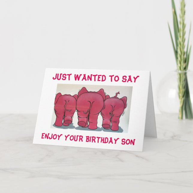CARTE GROUPE D'ÉLÉPHANTS ROSES JEUX "FILS" D'ANNIVERSAIR (Devant)