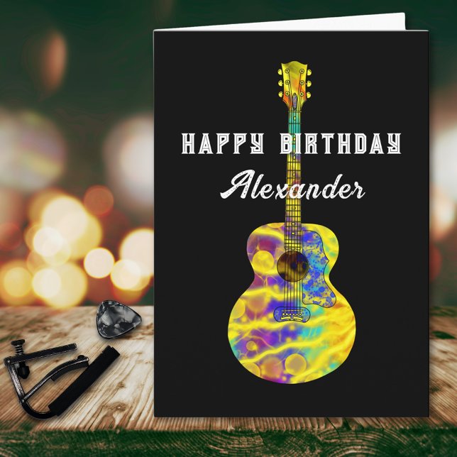 Carte Guitare Acoustique Personnalisée Joyeux Anniversai (Funky psychedelic acoustic guitar art personalized happy birthday greetings card guitarist musician)