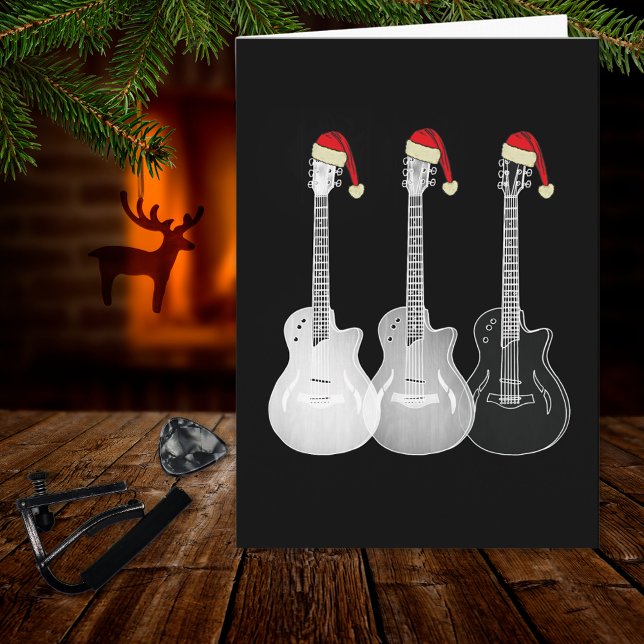 Carte Guitare de Noël Père Noël noir et blanc (Cool guitar Black and white music themed holiday card)