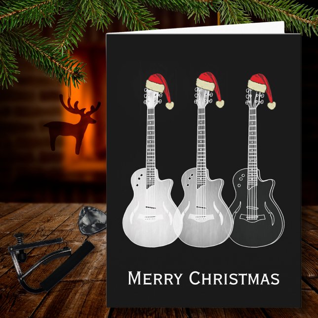 Carte Guitare de Noël Simple Noir et blanc (Christmas guitars wearing Santa hats cool black and white music merry christmas greetings card)