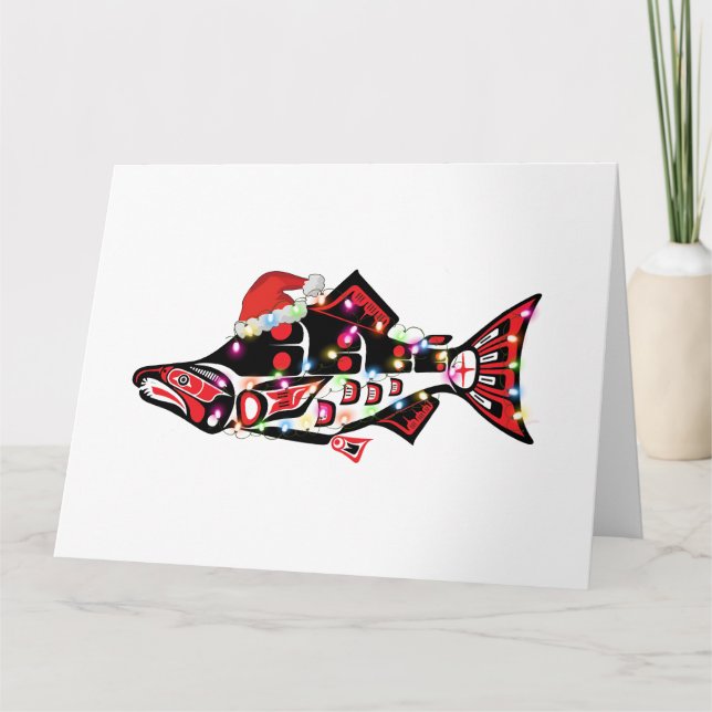 Carte Haida Esprit Saumon Animal avec lumières de Noël (Devant)