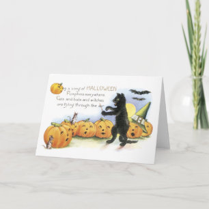 Carte Halloween à l'ancienne, chat noir & Citrouille