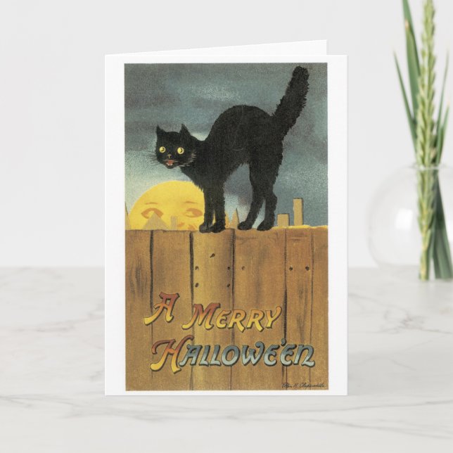 Carte Halloween à l'ancienne, chat noir et pleine lune (Devant)