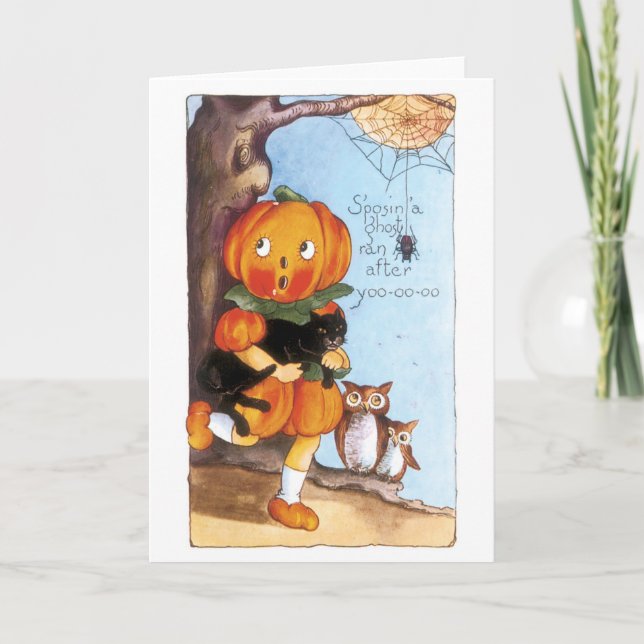 Carte Halloween à l'ancienne, fille Citrouille, chat noi (Devant)