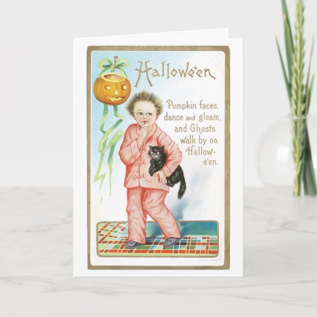 Carte Halloween à l'ancienne, Garçon tenant un chat noir (Devant)