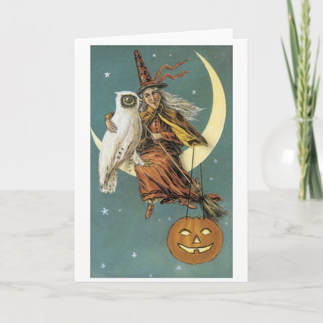 Carte Halloween à l'ancienne, sorcière avec hibou (Devant)