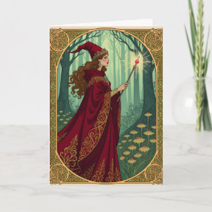 Carte Halloween Art nouveau rouge sorcière