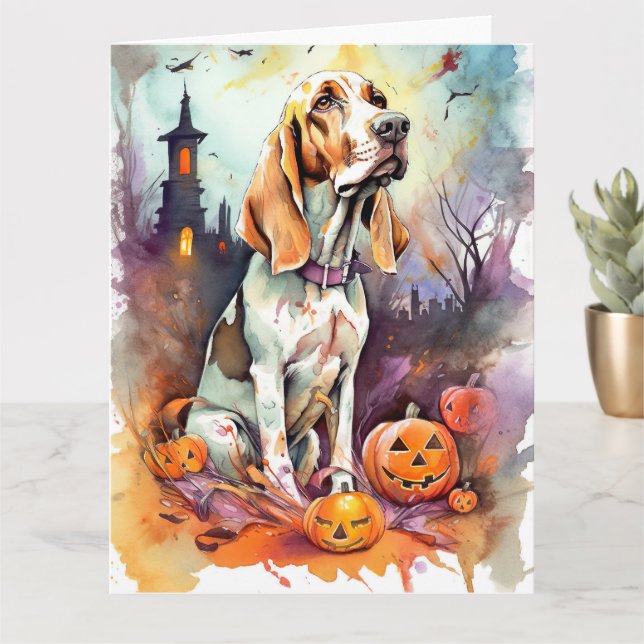 Carte Halloween Basset Hound avec citrouilles effrayant  (Petite plante)