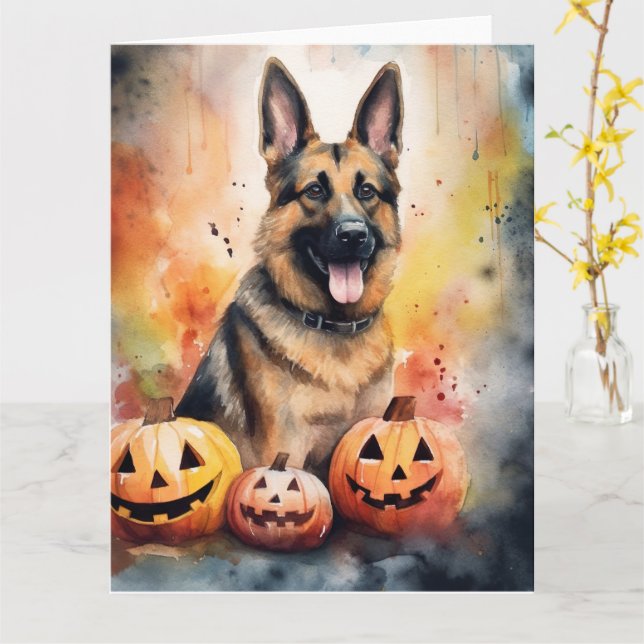 Carte Halloween berger allemand avec la peur Citrouille (Fleur jaune)