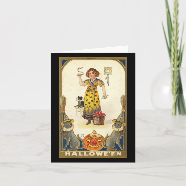 Carte Halloween Black Cats Citrouille sorcière Vintage (Devant)