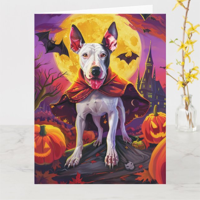 Carte Halloween Bull Terrier Vampire Citrouilles effroi (Fleur jaune)