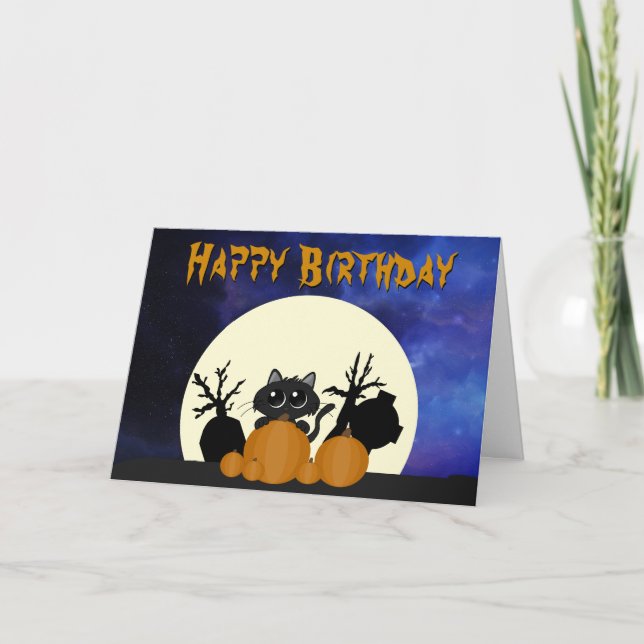 Carte Halloween Chat Noir Anniversaire avec cimetière Ci (Devant)