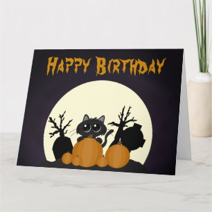 Carte Halloween Chat noir Citrouille cimetière d'anniver