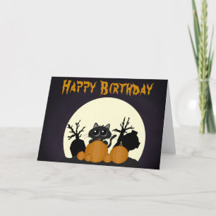 Carte Halloween Chat noir Citrouille cimetière d'anniver