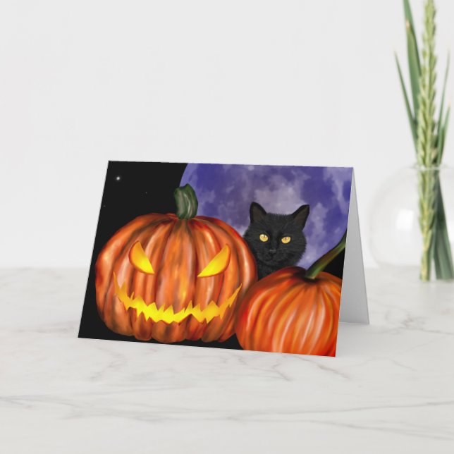 Carte Halloween Chat Noir Orange Art Citrouille (Devant)