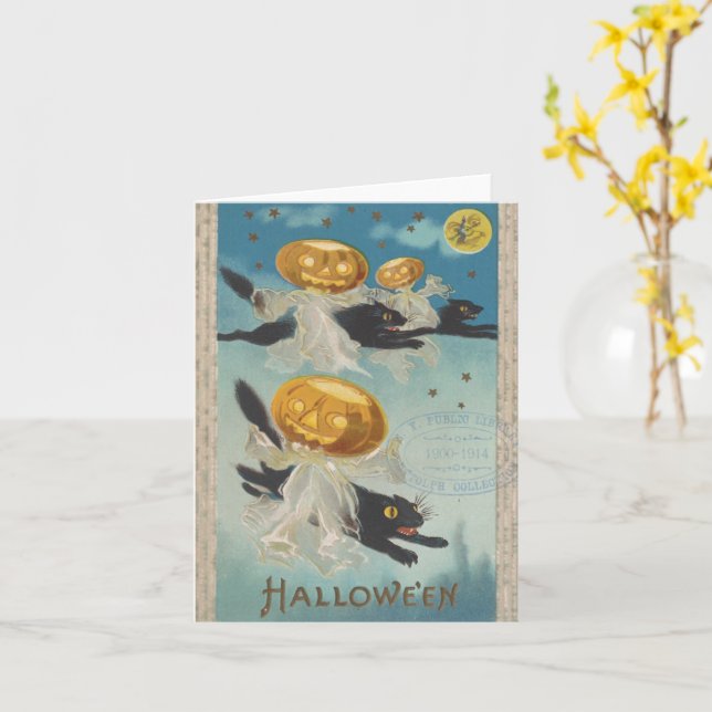 Carte Halloween Chats noirs et Fantômes Citrouilles Vint (Fleur jaune)