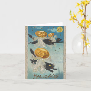 Carte Halloween Chats noirs et Fantômes Citrouilles Vint