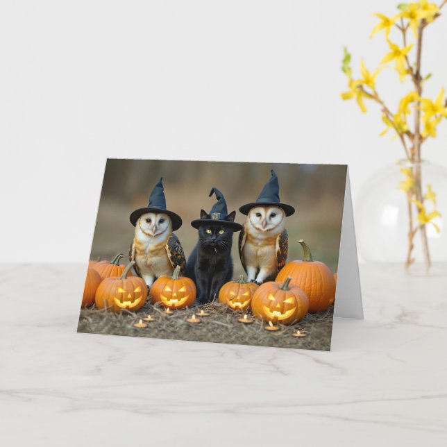 Carte Halloween Cute Black Chat et Chouette Jack-o'-lant (Fleur jaune)