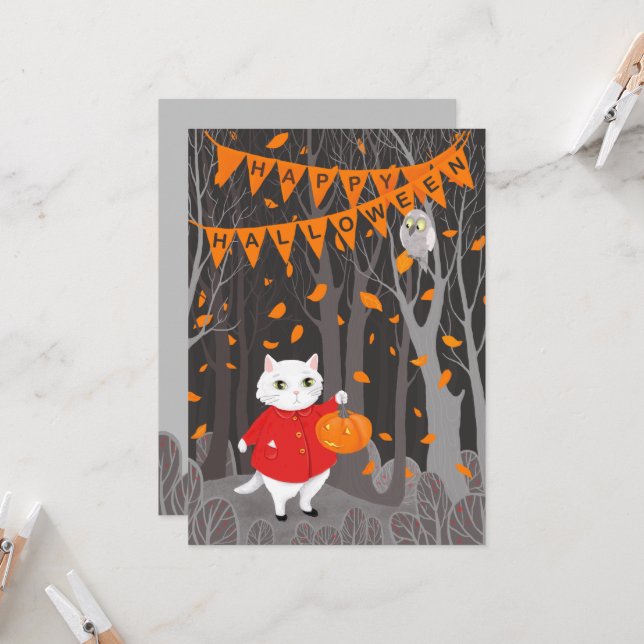 Carte Halloween Cute Cat & Jack-o’-lanterne Citrouille (Devant/Arrière en situation)