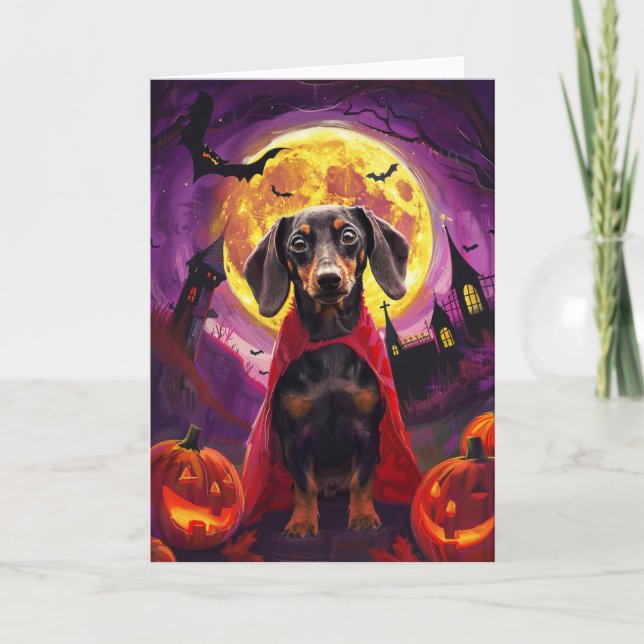 Carte Halloween Dachshund Vampire Citrouilles effroi (Devant)