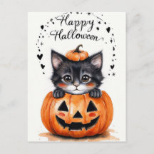 Carte Halloween de chat noir mignon | Joyeux Hallo