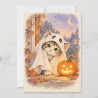 Carte Halloween de chaton en costume de fantôme