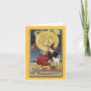 Carte Halloween de sorcière volante vintage