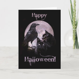 Carte Halloween de style gothique avec corbeau et chat n