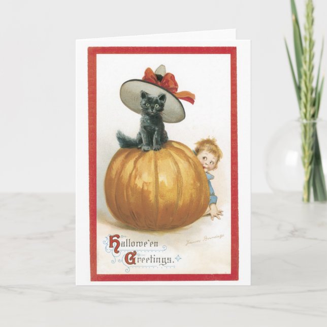 Carte Halloween démodé, chat de sorcière (Devant)