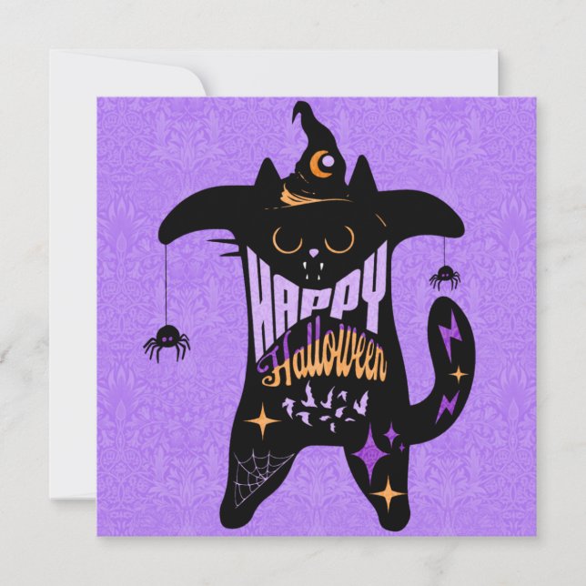 Carte Halloween drôle de sorcière chat noir rétro (Devant)