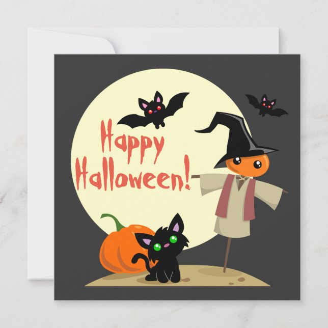 Carte Halloween d'un épouvantail mignon et d'un ch (Devant)