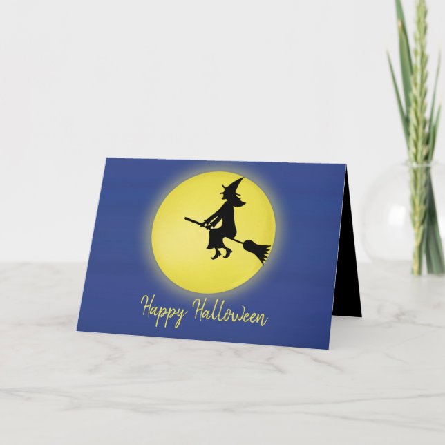 Carte Halloween Éffrayant sorcière Broomstick Lune (Devant)