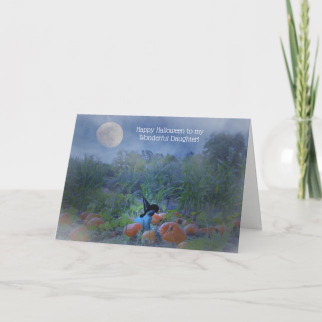 Carte Halloween fille mignonne avec sorcière chat et Cit (Devant)